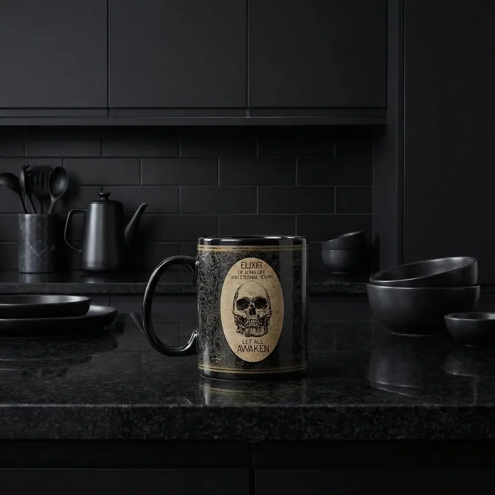 Elixir Of Long Life Eternal Youth Large Stoneware Skull Coffee Mug | Holds 20 o